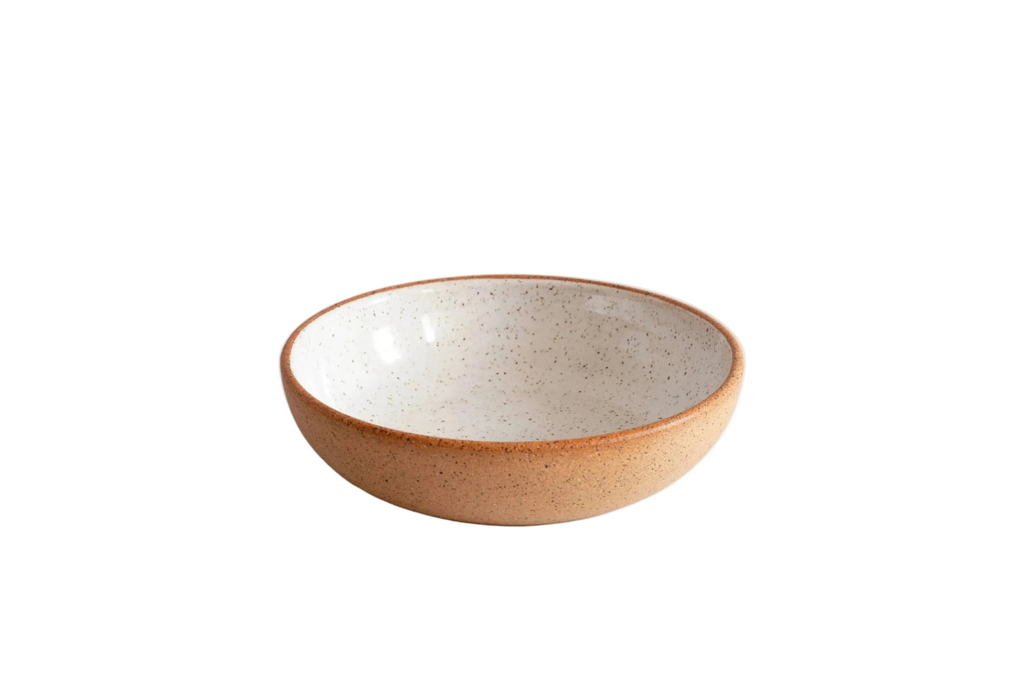 Ceramic bowl with a speckled brown exterior and white interior on a white background