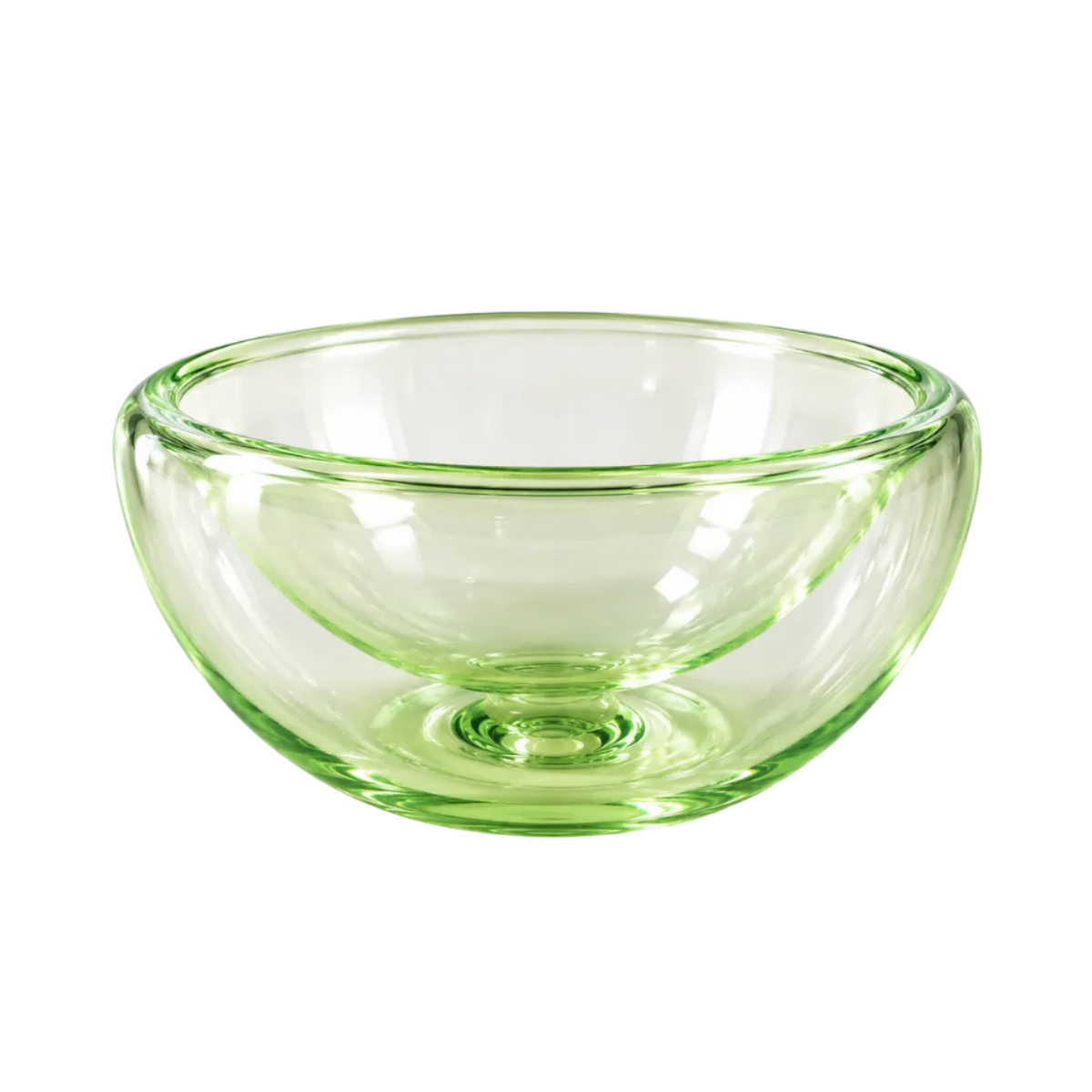 A clear glass bowl with a light green tint, shown on a clean white background.