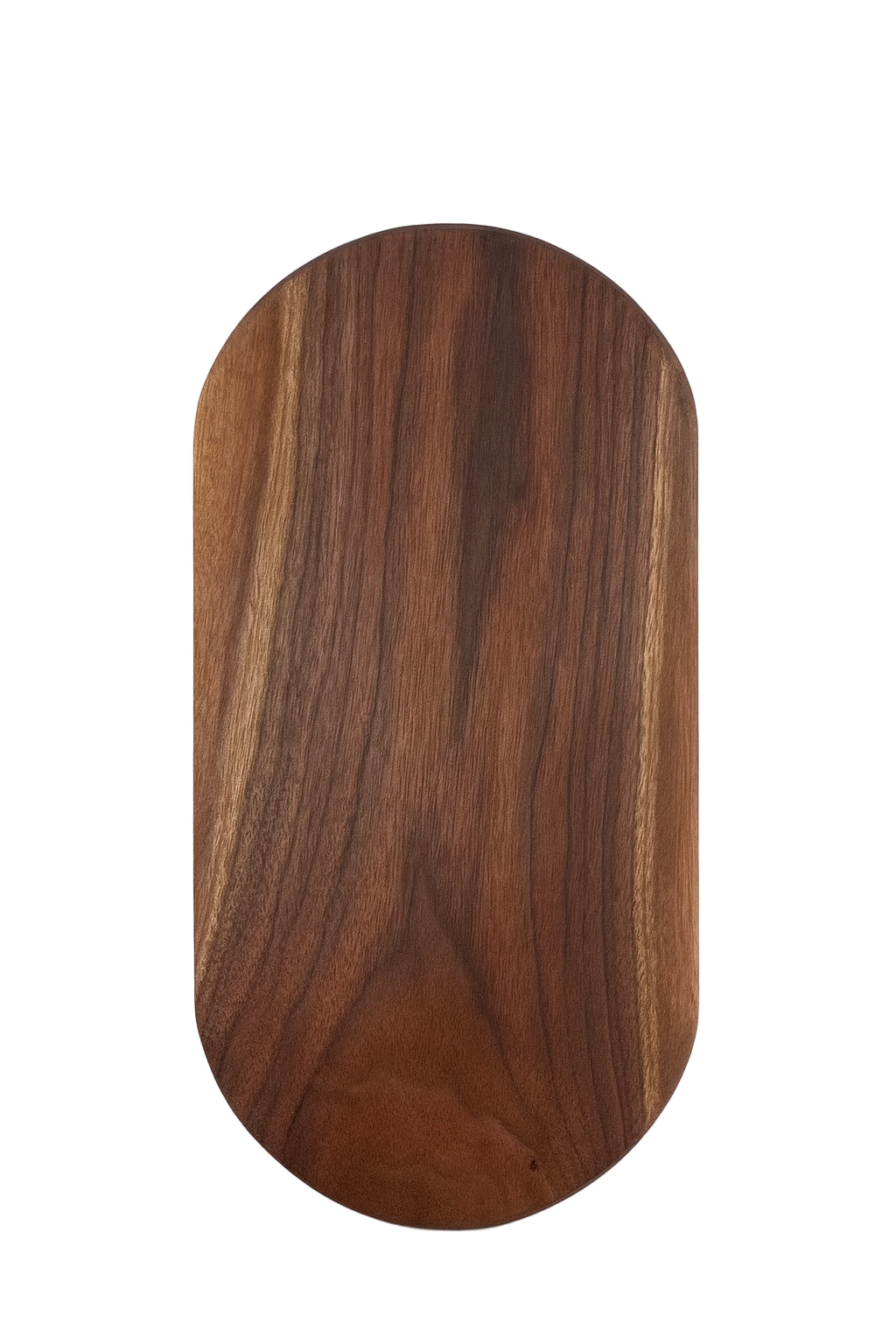 Wooden cutting board with a dark brown finish on a white background
