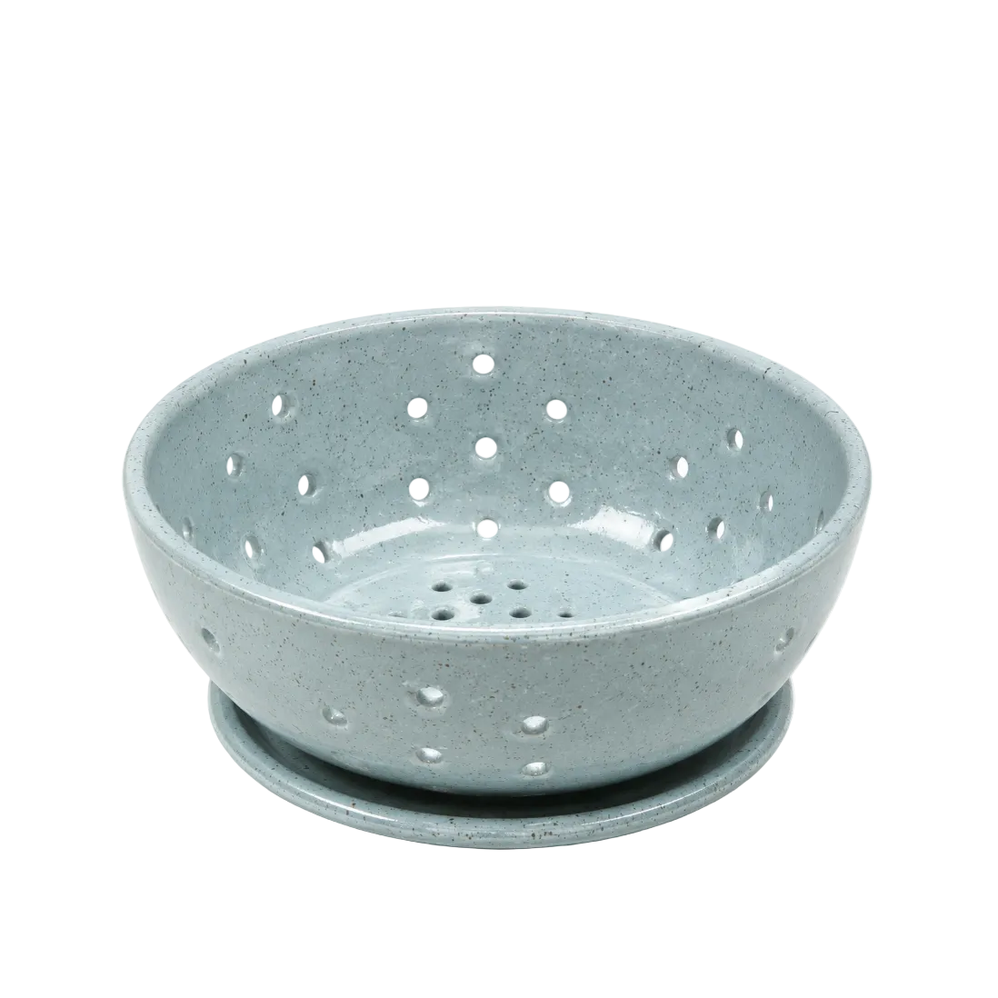 A speckled light blue ceramic berry bowl with a matching saucer, photographed on a clean white background.