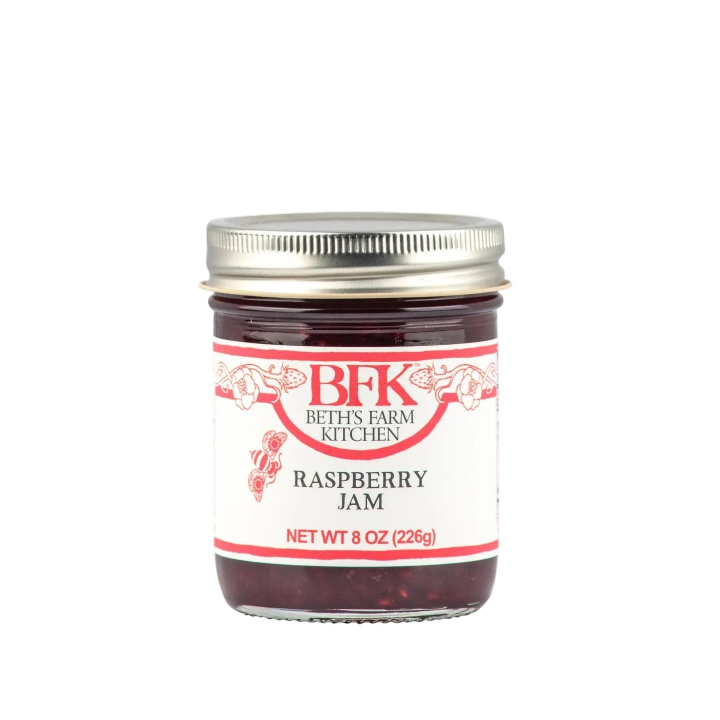 Jar of raspberry jam from Beth's Farm Kitchen on a white background