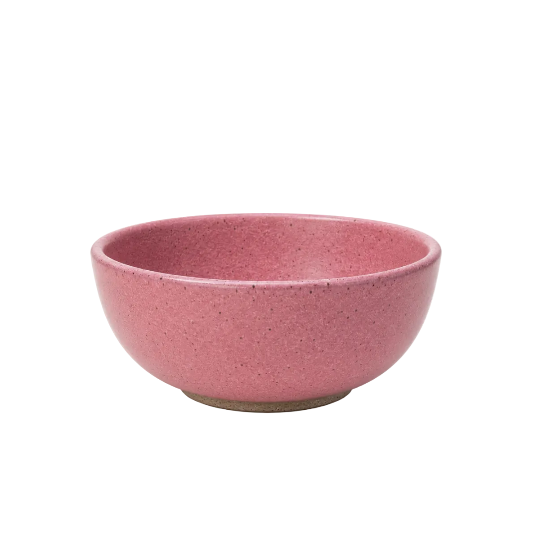 A pink speckled ceramic bowl with a natural clay foot ring, photographed on a clean white background.