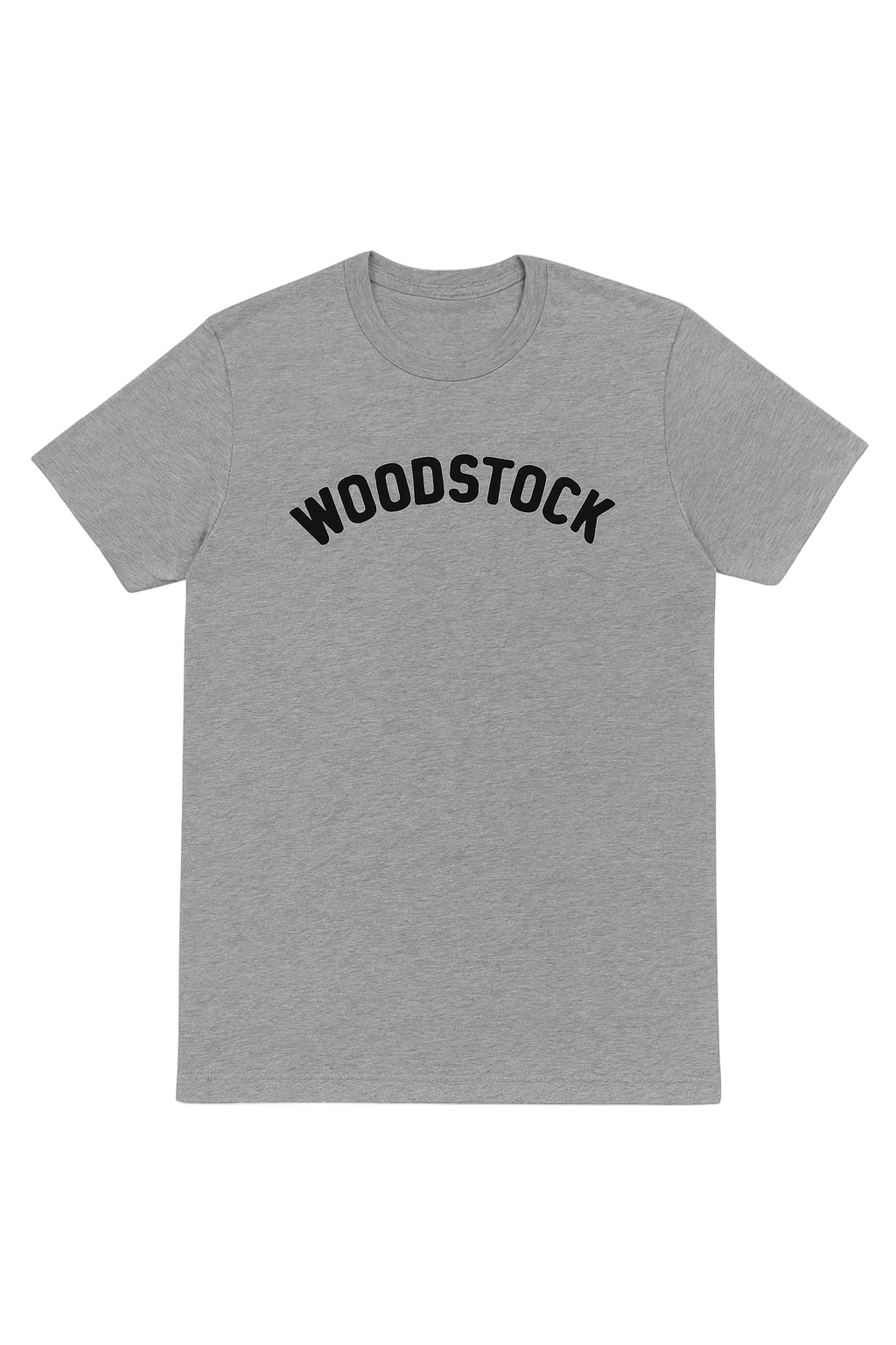 Gray t-shirt with 'Woodstock' text on a white background