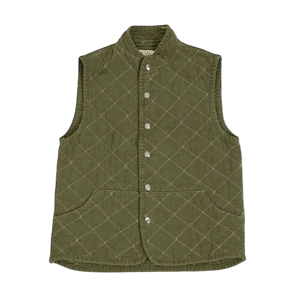 An olive green quilted vest with a diamond pattern stitched design, featuring a stand-up collar, snap-button front, and two front patch pockets, shown against a solid black background.
