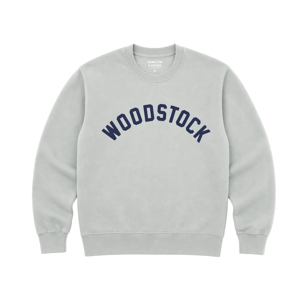 Gray sweatshirt with 'Woodstock' text on a white background