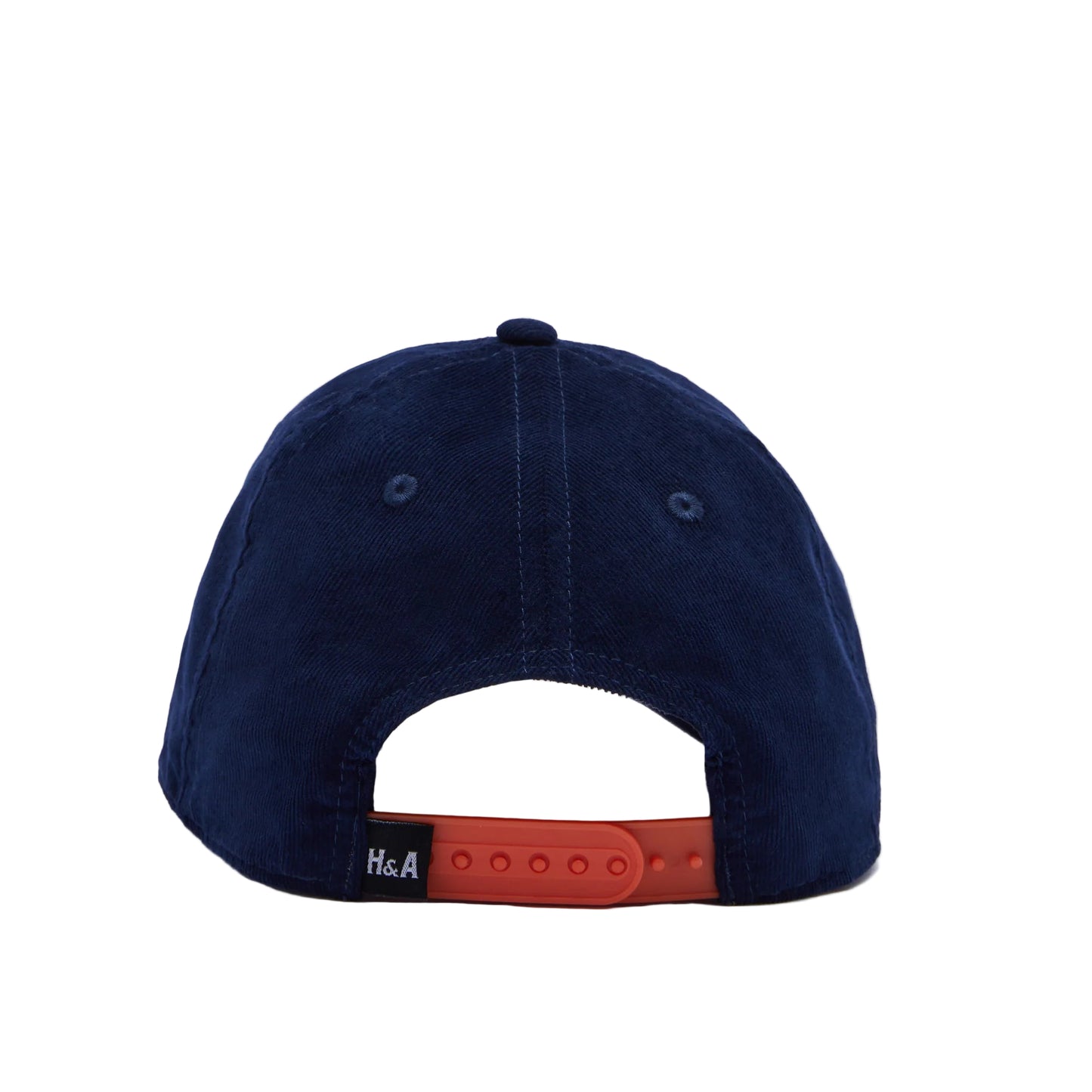 Navy blue cap with a red and black patch on a gray background