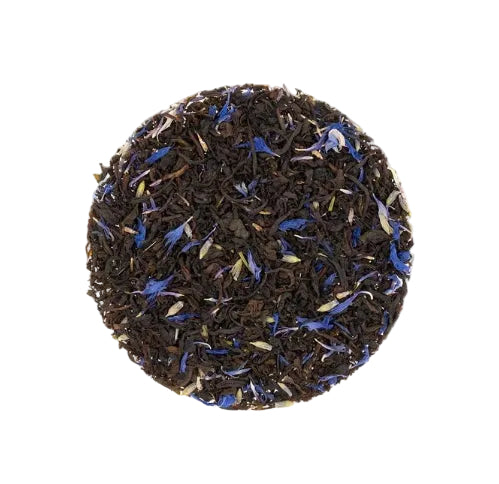 Tea leaves with blue flowers on a white background