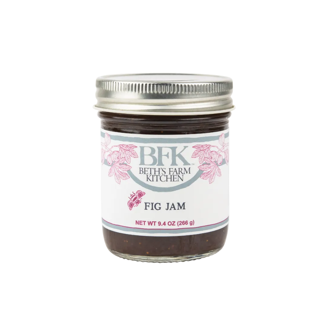 Jar of Beth's Farm Kitchen Fig Jam on a white background