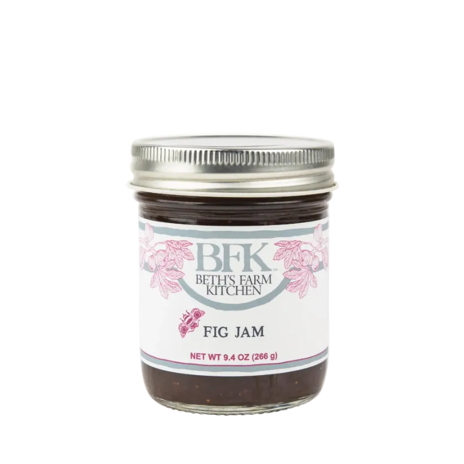 Jar of Beth's Farm Kitchen Fig Jam on a white background
