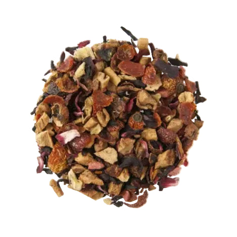 A pile of loose-leaf herbal tea blend containing dried fruits, roots, and dark dried flower petals on a plain white background.
