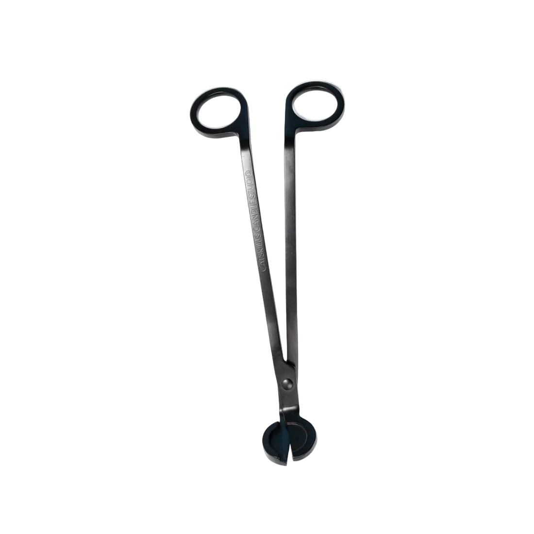 Pair of black candle wick trimmers on a white background