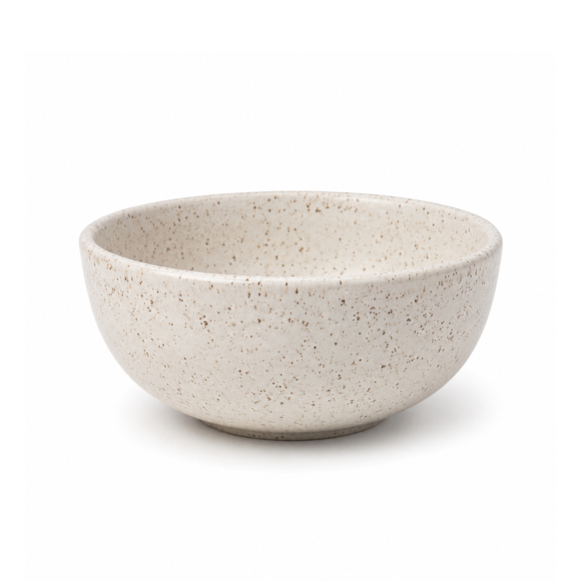 A speckled ceramic bowl in a light beige color with dark brown and gray flecks, shown on a clean white background.