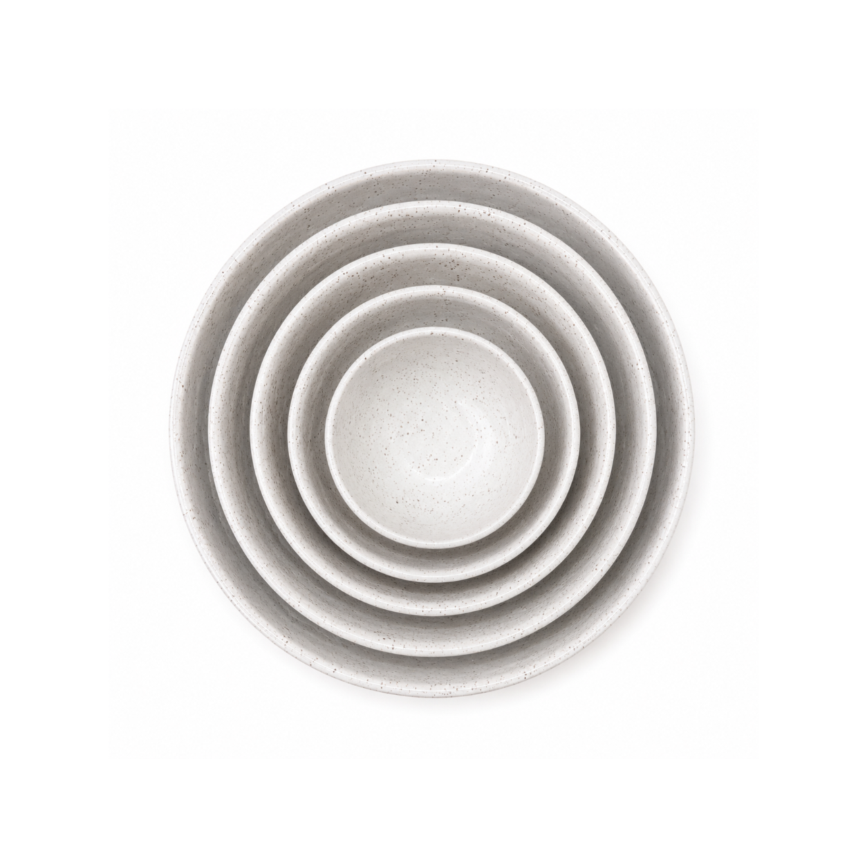 A set of five nested ceramic bowls in a light gray speckled glaze, photographed from a top-down perspective on a solid white background.