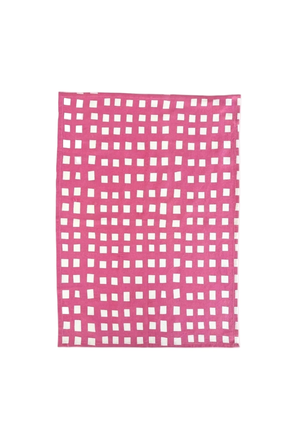Pink checkered fabric with white squares on a pink background