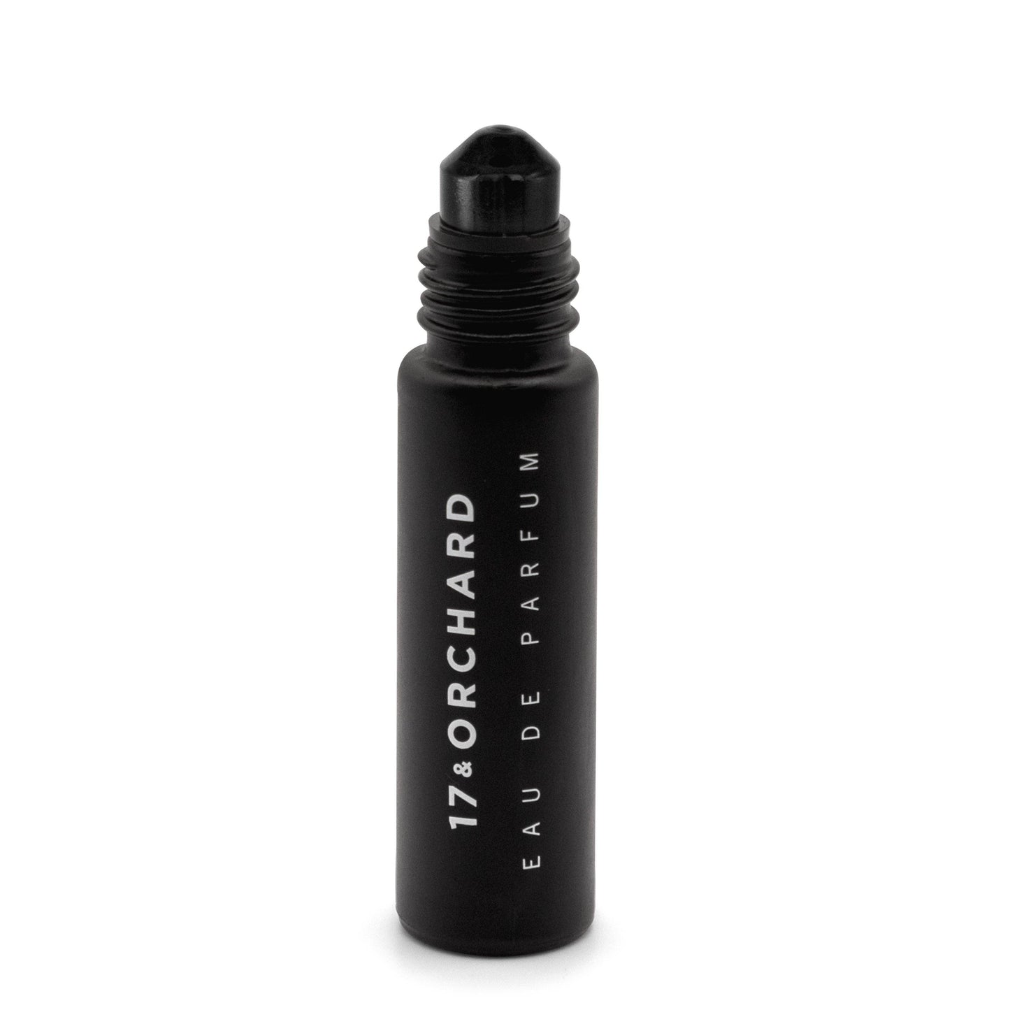 Black rollerball bottle of 17&Orchard Eau de Parfum on a white background