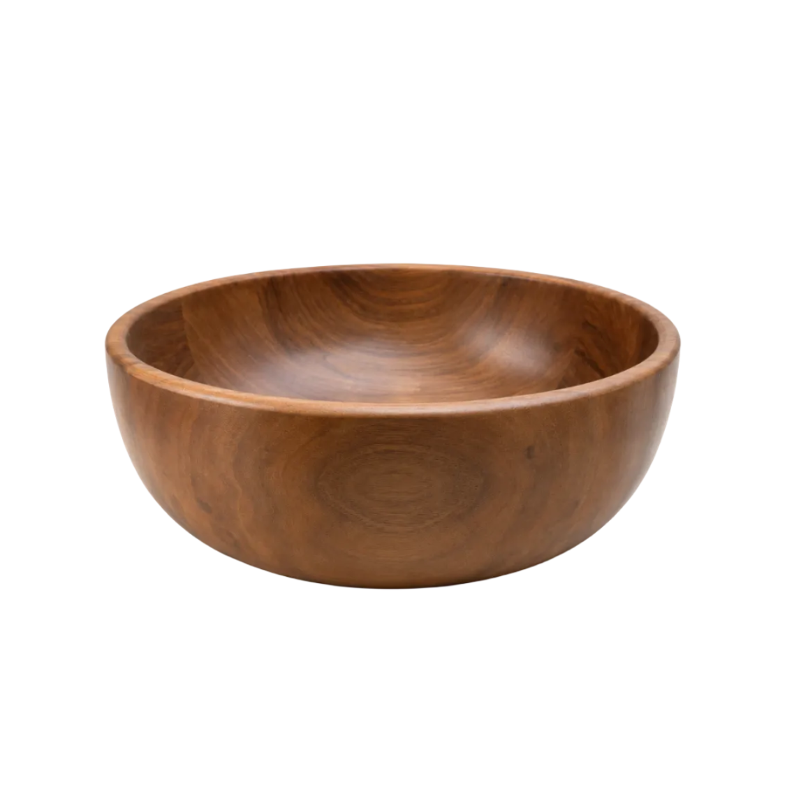 A round wooden bowl with a smooth, polished finish and visible wood grain patterns, photographed on a clean white background.