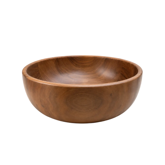 A round wooden bowl with a smooth, polished finish and visible wood grain patterns, photographed on a clean white background.