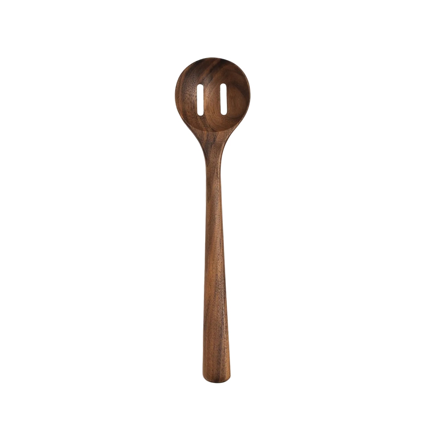 Wooden spoon with slotted design on a white background