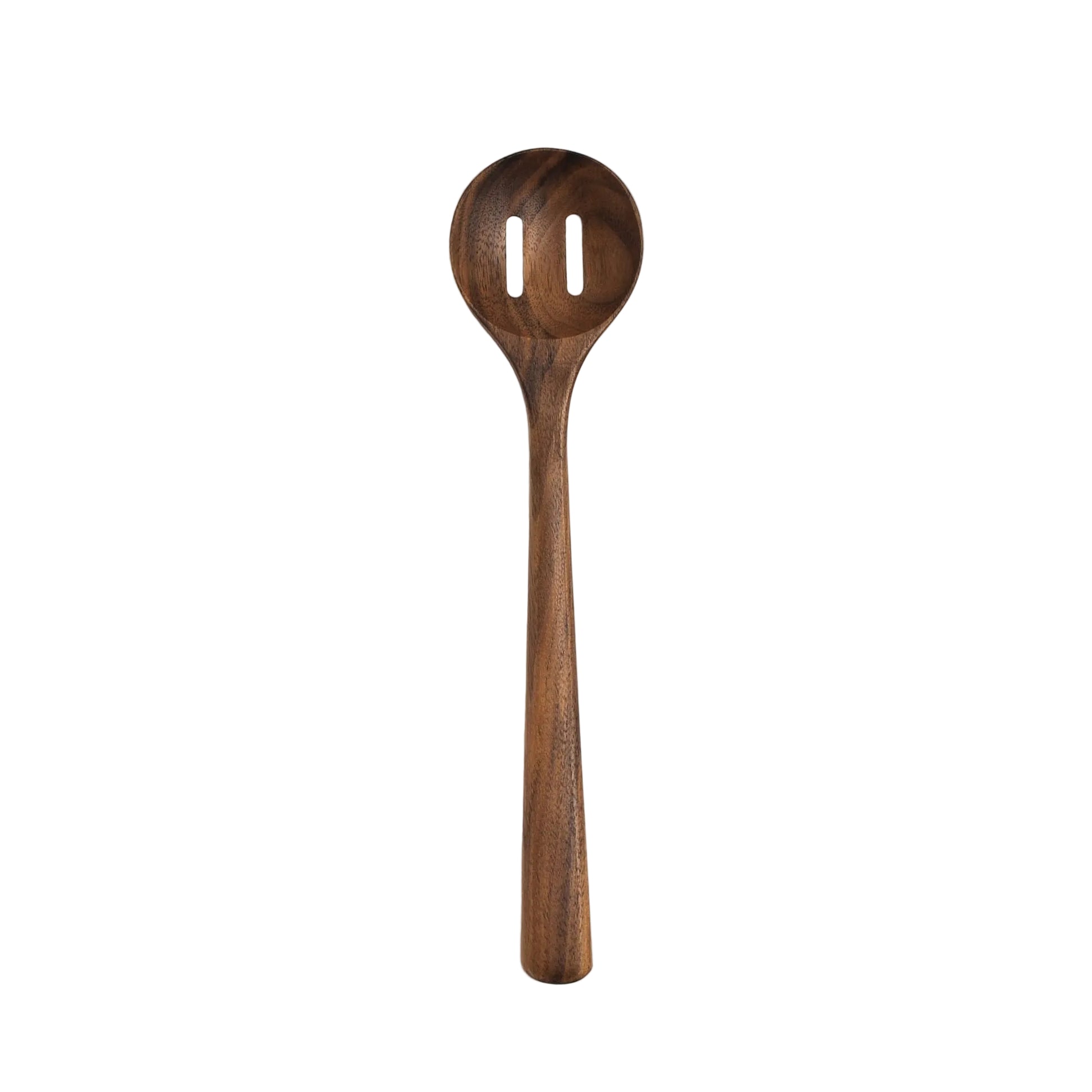 Wooden spoon with slotted design on a white background