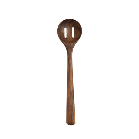 Wooden spoon with slotted design on a white background