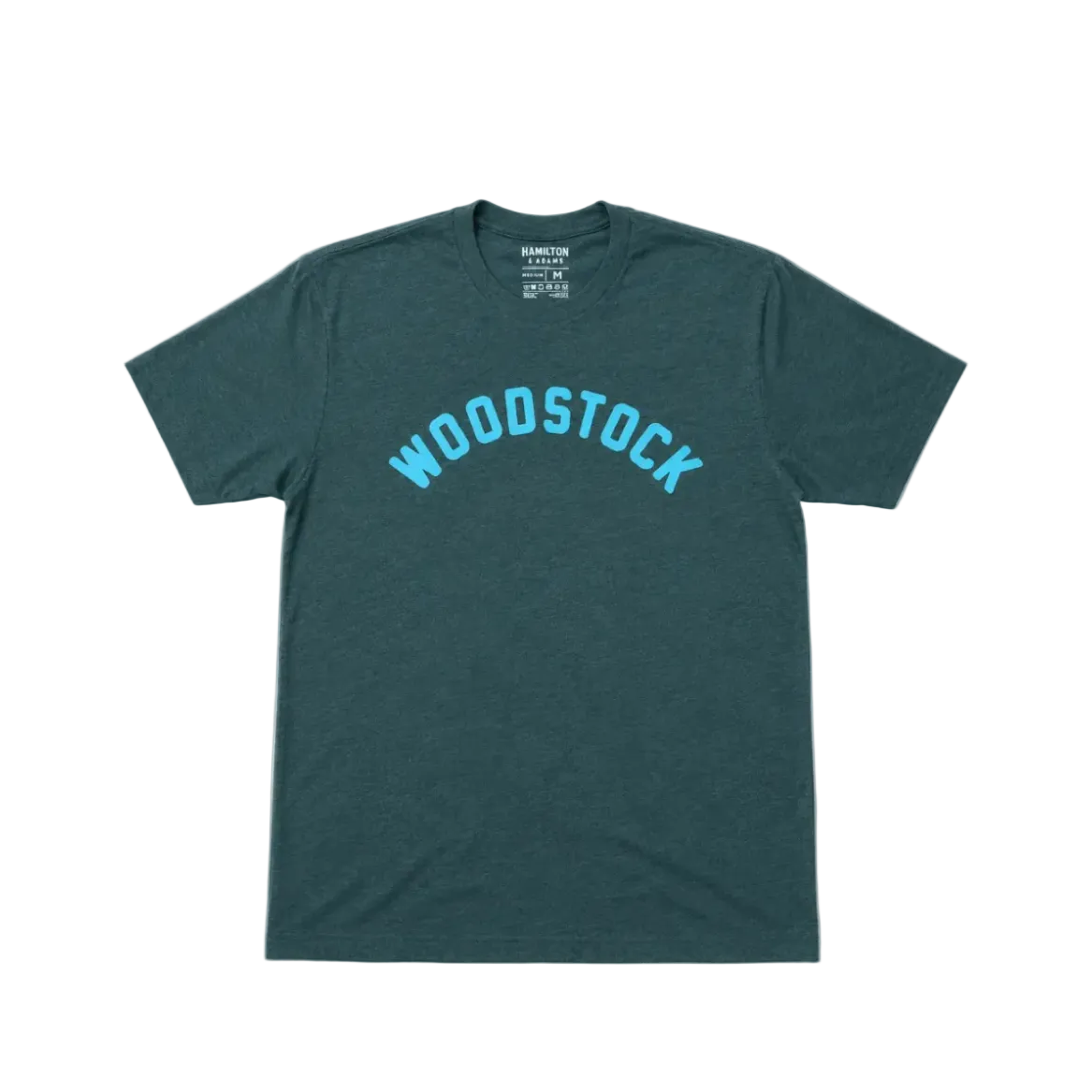 Green t-shirt with 'Woodstock' printed in blue on a white background