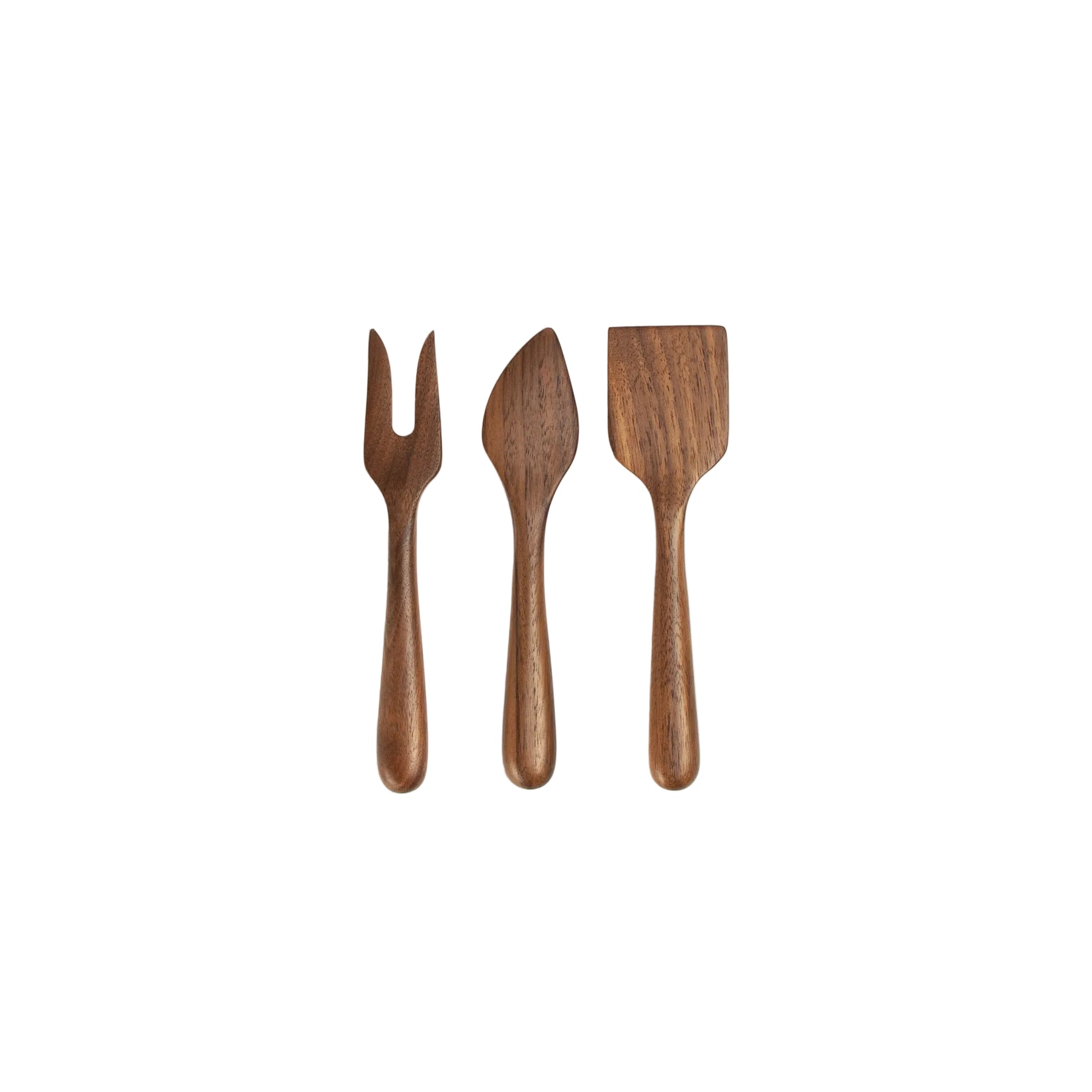 Set of three wooden utensils on a white background