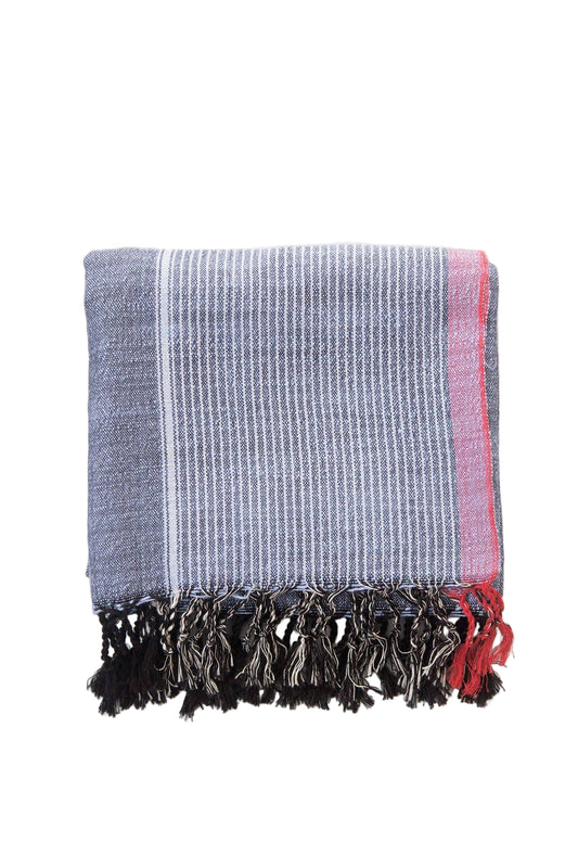 Textured blanket with striped pattern and frayed edges on a white background