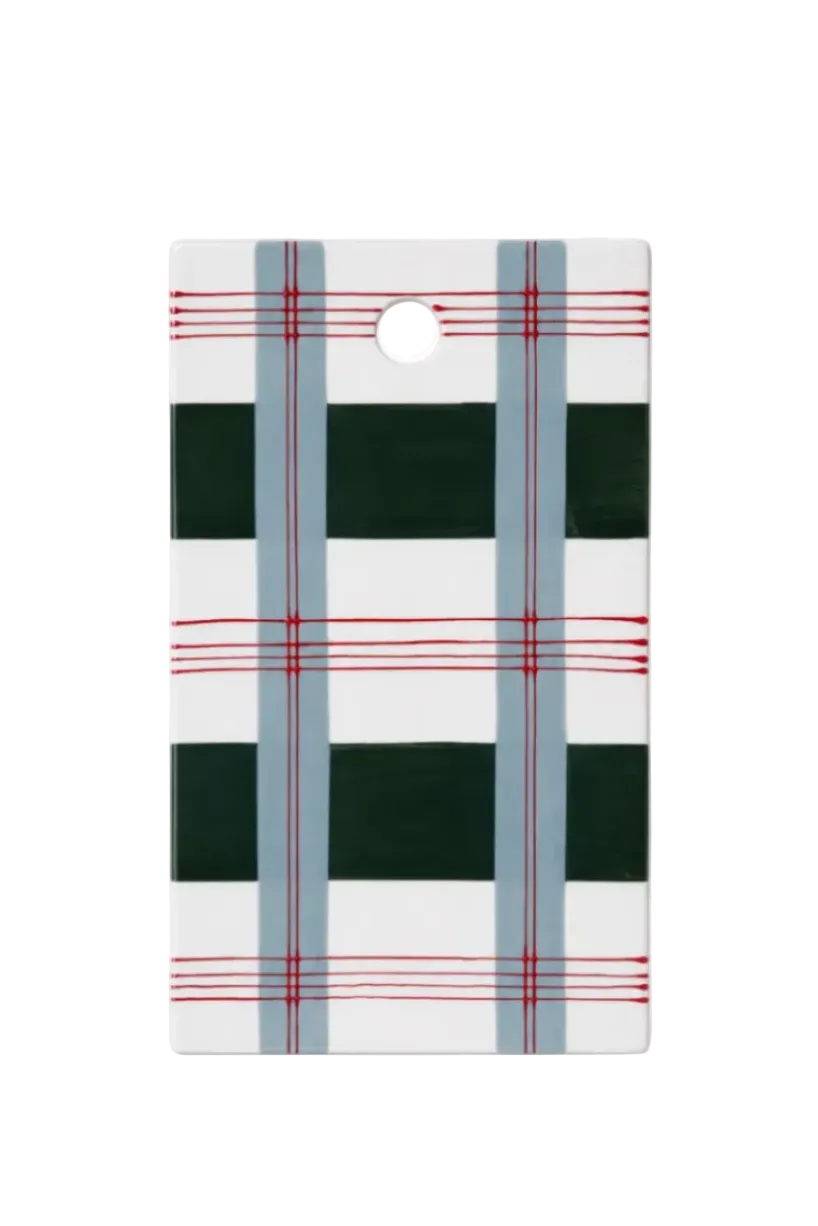 A rectangular white card or tag with a plaid pattern featuring dark green blocks, light blue stripes, and thin red lines, shown on a clean white background.