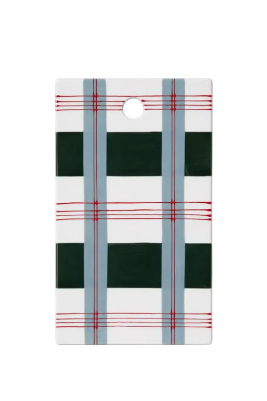 A rectangular white card or tag with a plaid pattern featuring dark green blocks, light blue stripes, and thin red lines, shown on a clean white background.