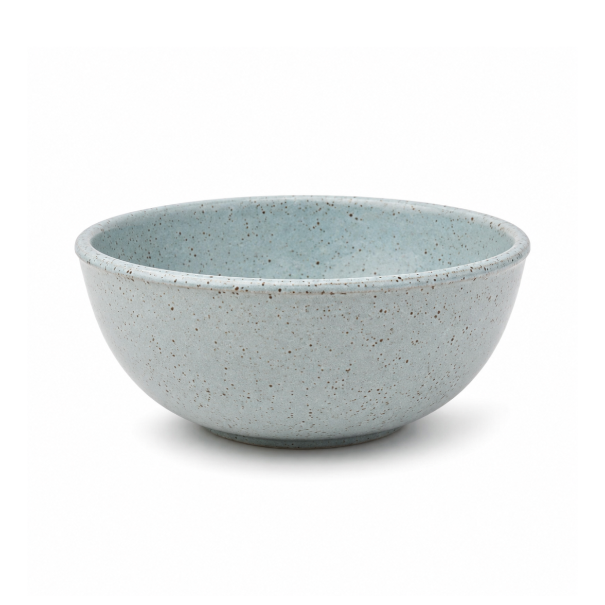 A speckled ceramic bowl in a light blue-gray glaze with dark flecks, shown on a clean white background.