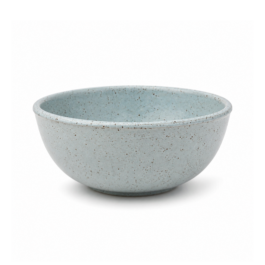 A speckled ceramic bowl in a light blue-gray glaze with dark flecks, shown on a clean white background.