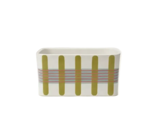 A rectangular ceramic planter with rounded corners, featuring a white background decorated with five vertical olive-green stripes and a horizontal band of thin pink and light blue stripes.