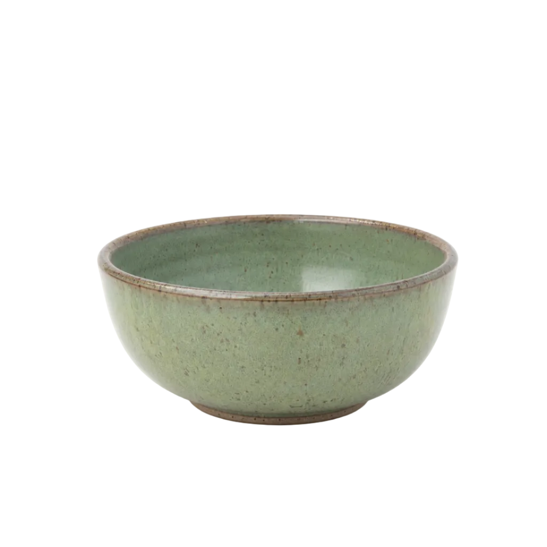 A round ceramic bowl with a speckled sage green glaze and a contrasting brown unglazed rim, shown on a clean white background.