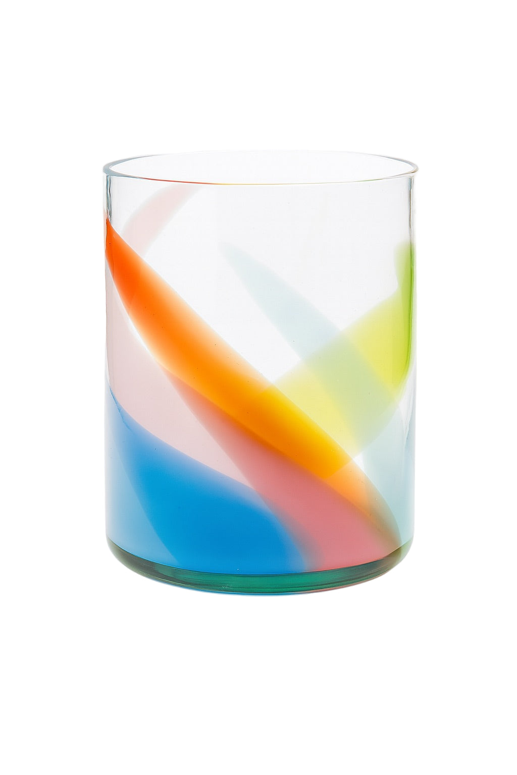 Colorful glass with rainbow swirl pattern on a white background