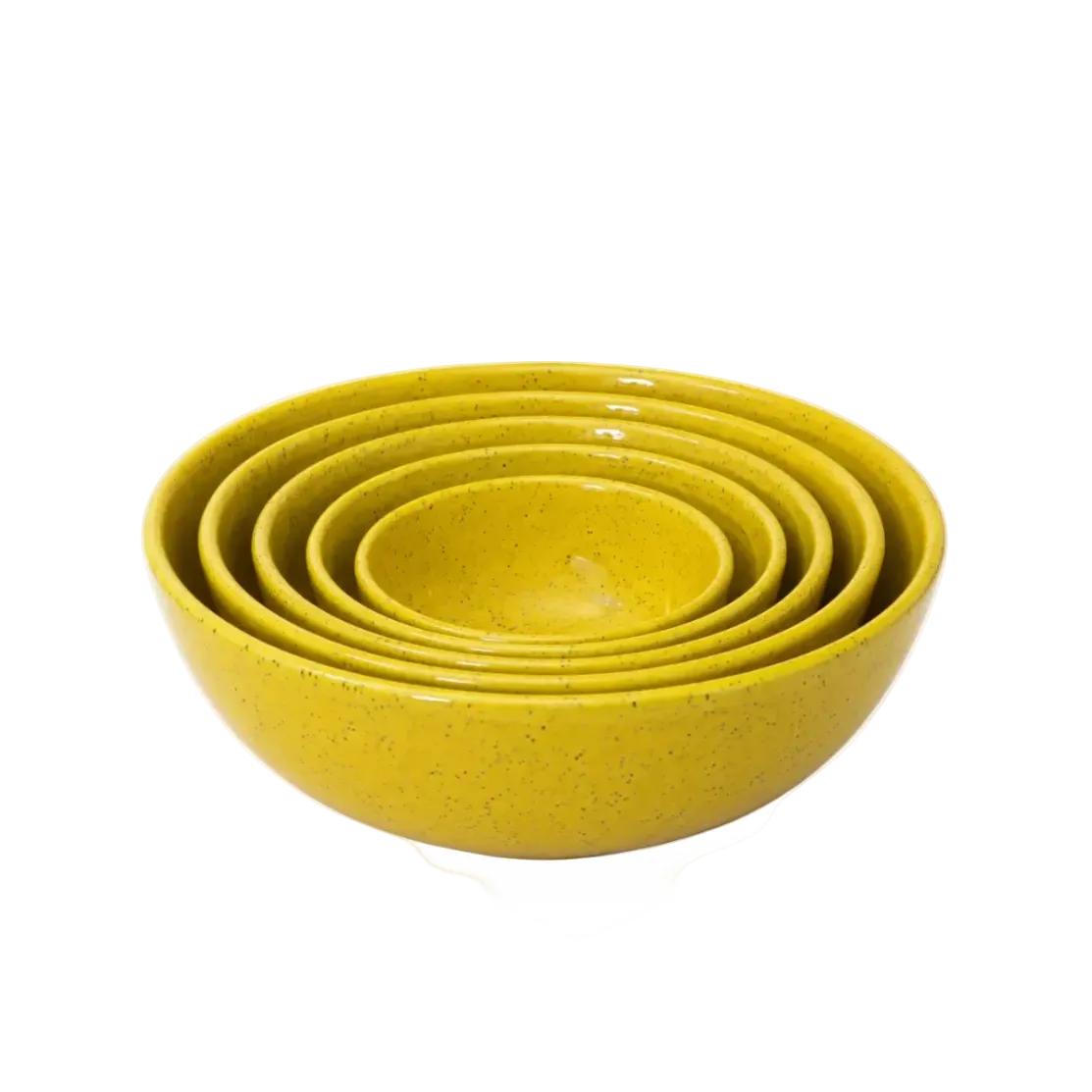 Set of four yellow ceramic bowls of different sizes on a white background