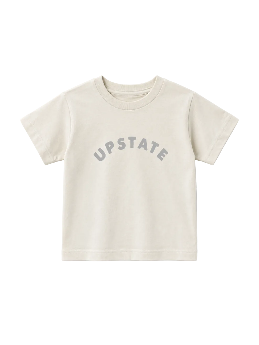 Beige t-shirt with 'UPSTATE' text on a white background