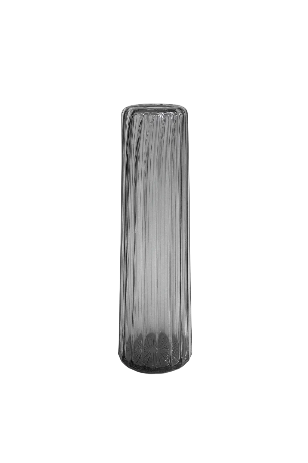 Tall gray ribbed vase on a white background