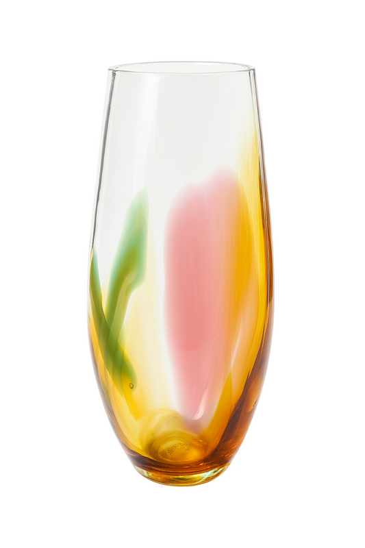 Colorful glass vase with gradient design on a white background