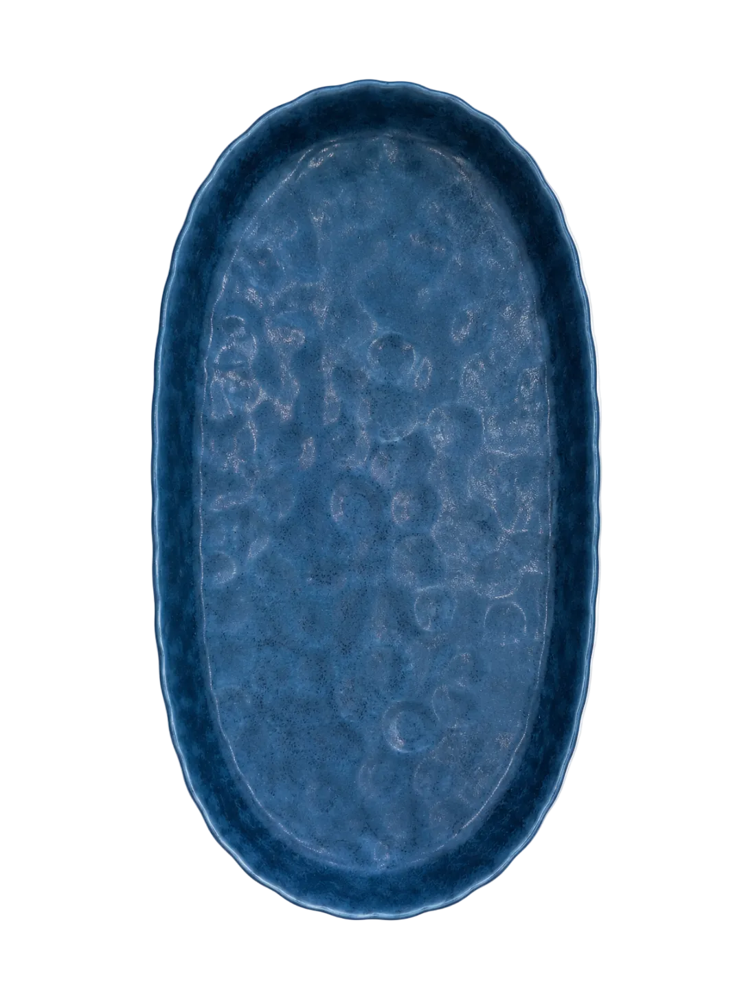 Blue ceramic platter with textured surface on a white background