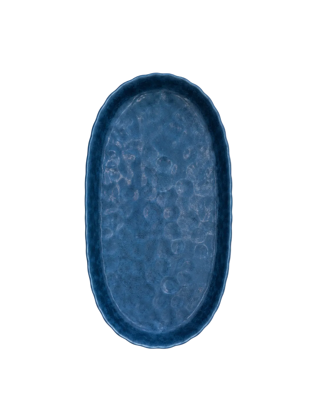Blue ceramic platter with textured surface on a white background