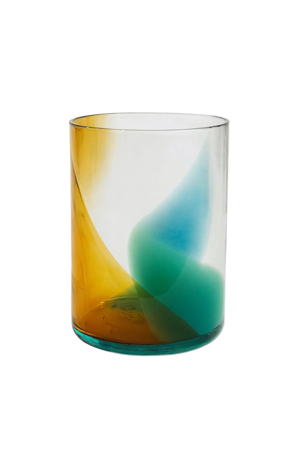 Colorful glass tumbler with gradient design on a white background