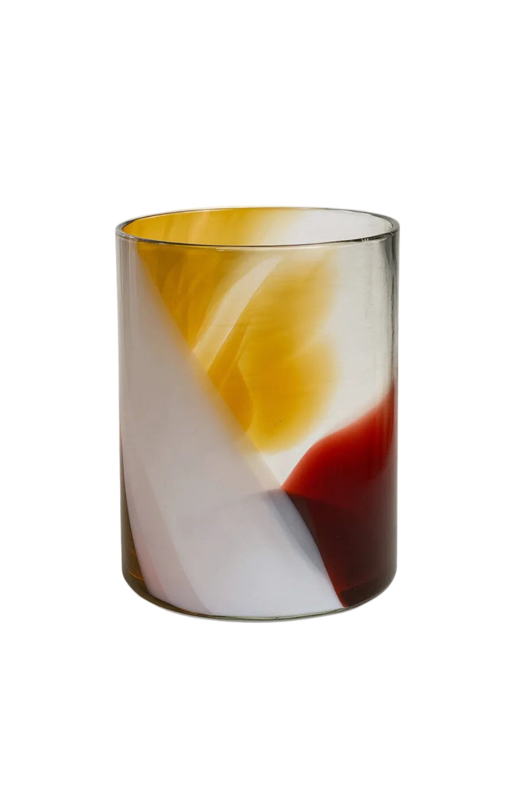 Tall glass with multicolored swirl design on a white background
