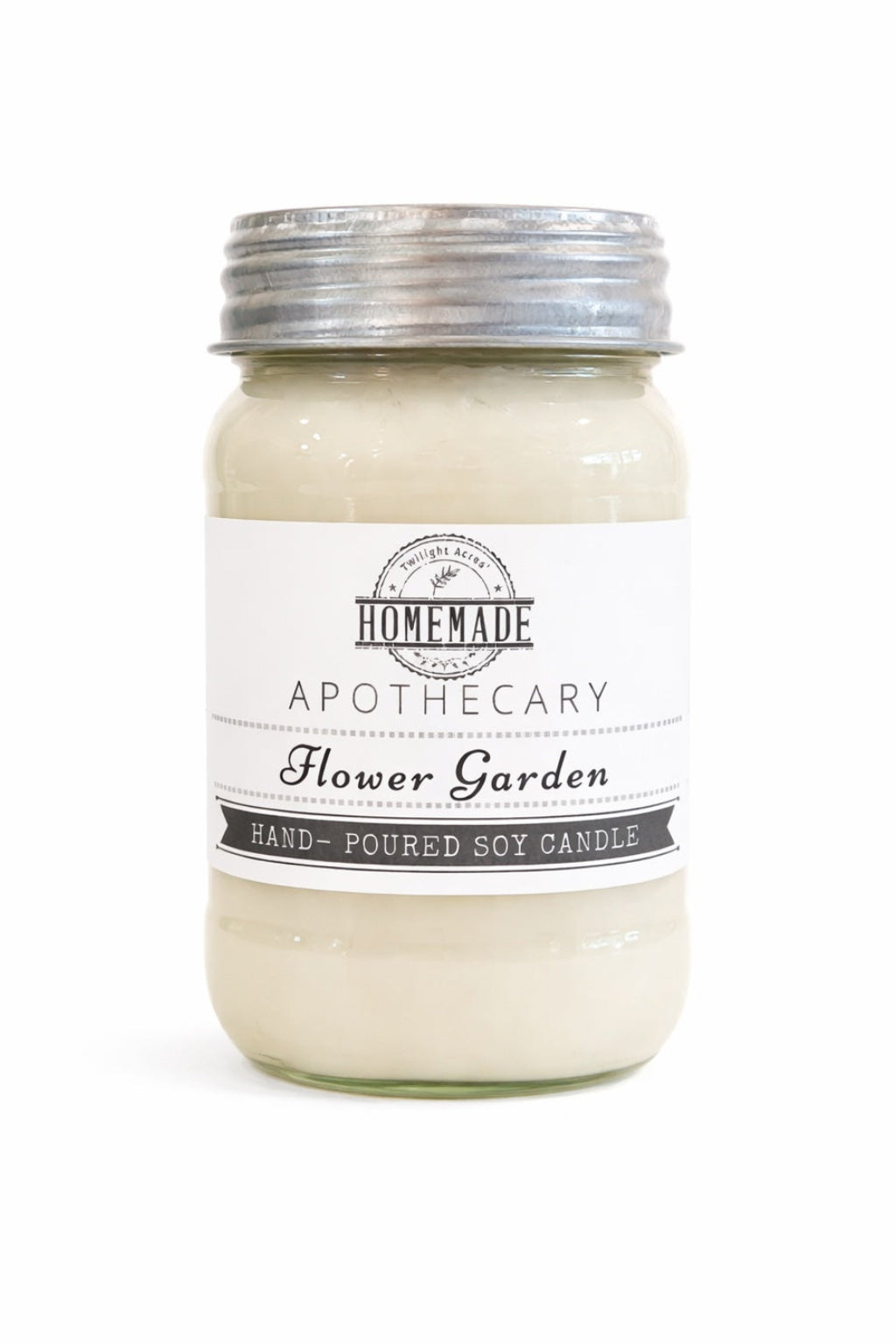 Jar of 'Flower Garden' candle from Homemade Apothecary on a white background