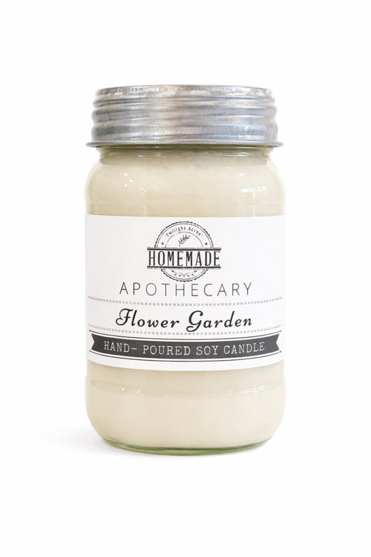 Jar of 'Flower Garden' candle from Homemade Apothecary on a white background