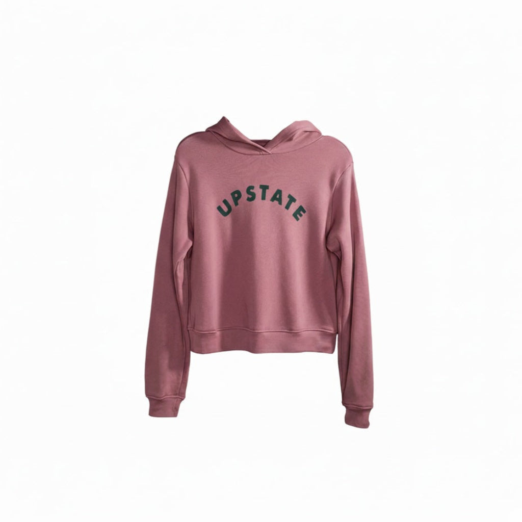 Pink hoodie with 'UPSTATE' text on a white background
