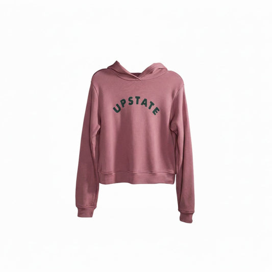 Pink hoodie with 'UPSTATE' text on a white background