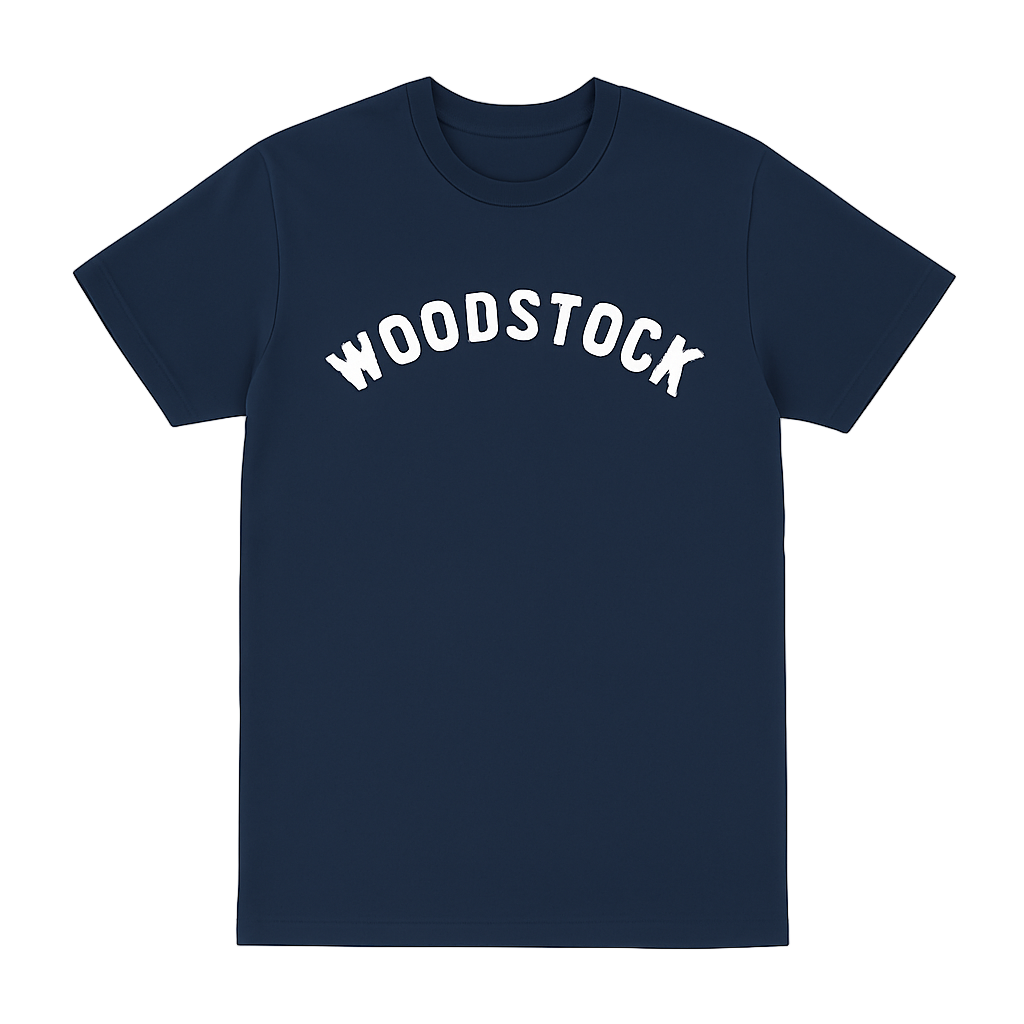 Navy blue t-shirt with 'WOODSTOCK' printed in white on a white background