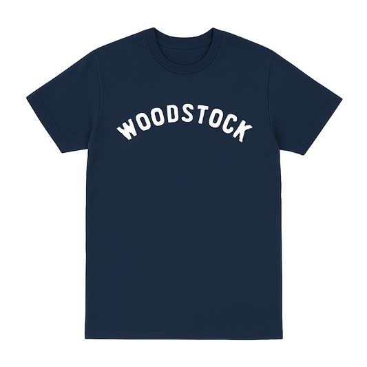 Navy blue t-shirt with 'WOODSTOCK' printed in white on a white background