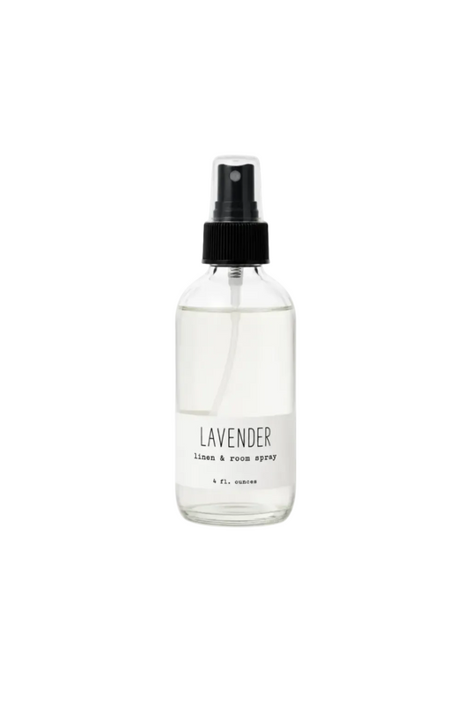Glass spray bottle labeled 'Lavender' on a white background