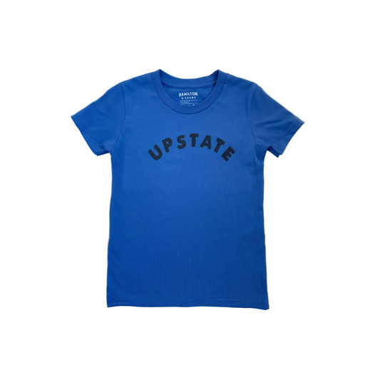 Blue t-shirt with 'UPSTATE' text on a gray background